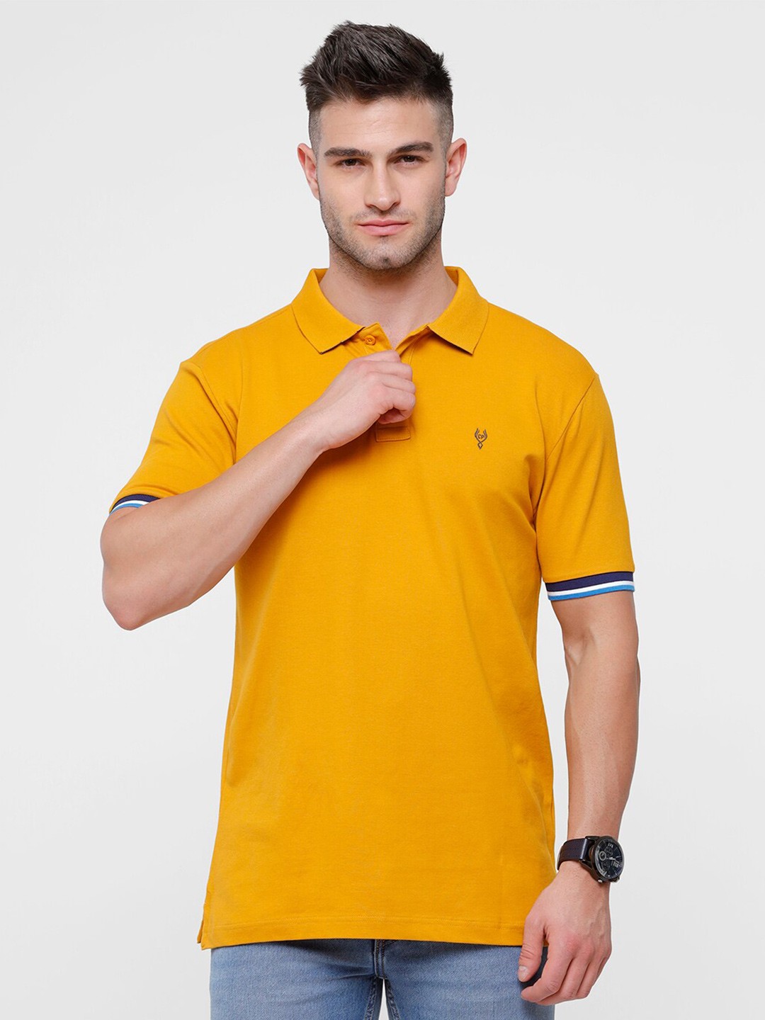 

Classic Polo Men Mustard Yellow Solid Polo Collar Slim Fit Cotton T-shirt