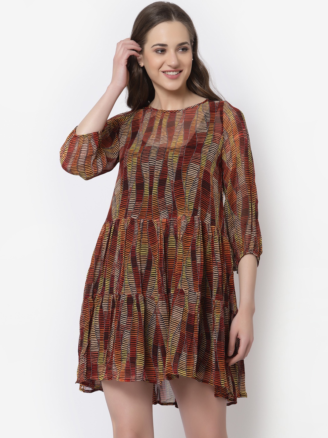 

TERQUOIS Multicoloured Abstract Printed Tiered Georgette A-Line Dress, Multi