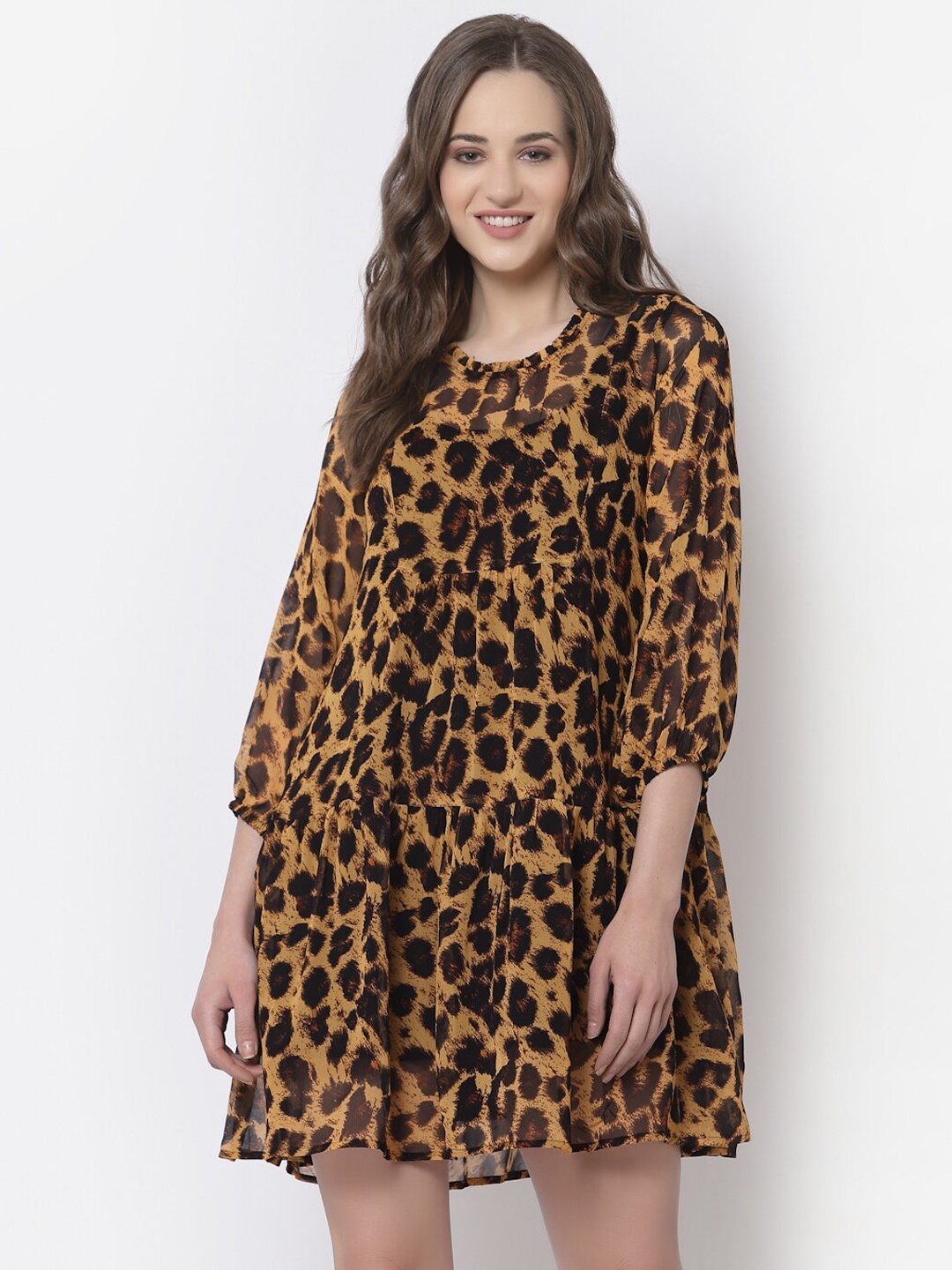 

TERQUOIS Yellow & Black Animal Printed Georgette A-Line Mini Dress