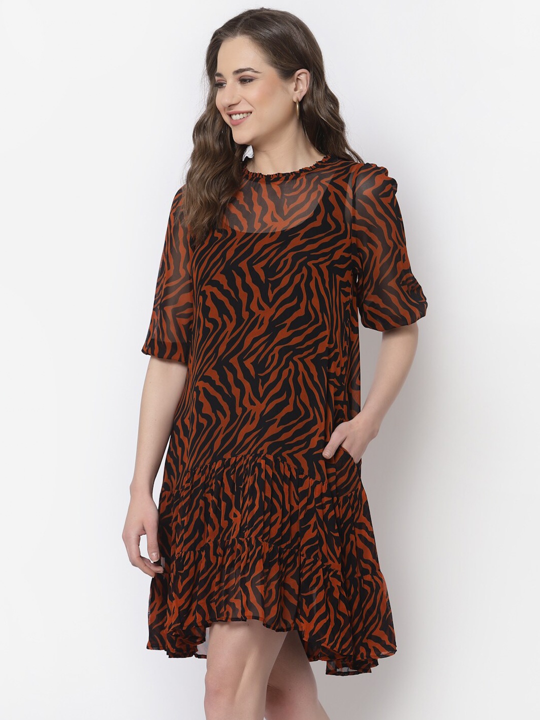 

TERQUOIS Multicoloured Animal Print Georgette A-Line Dress, Multi