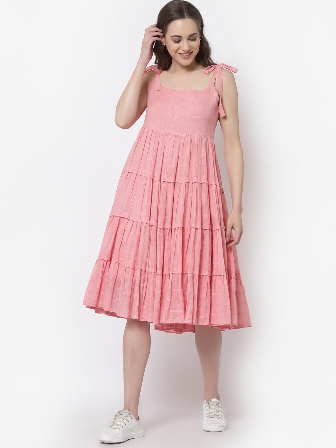 

TERQUOIS Pink Layered A-Line Tie-Up Cotton Dress