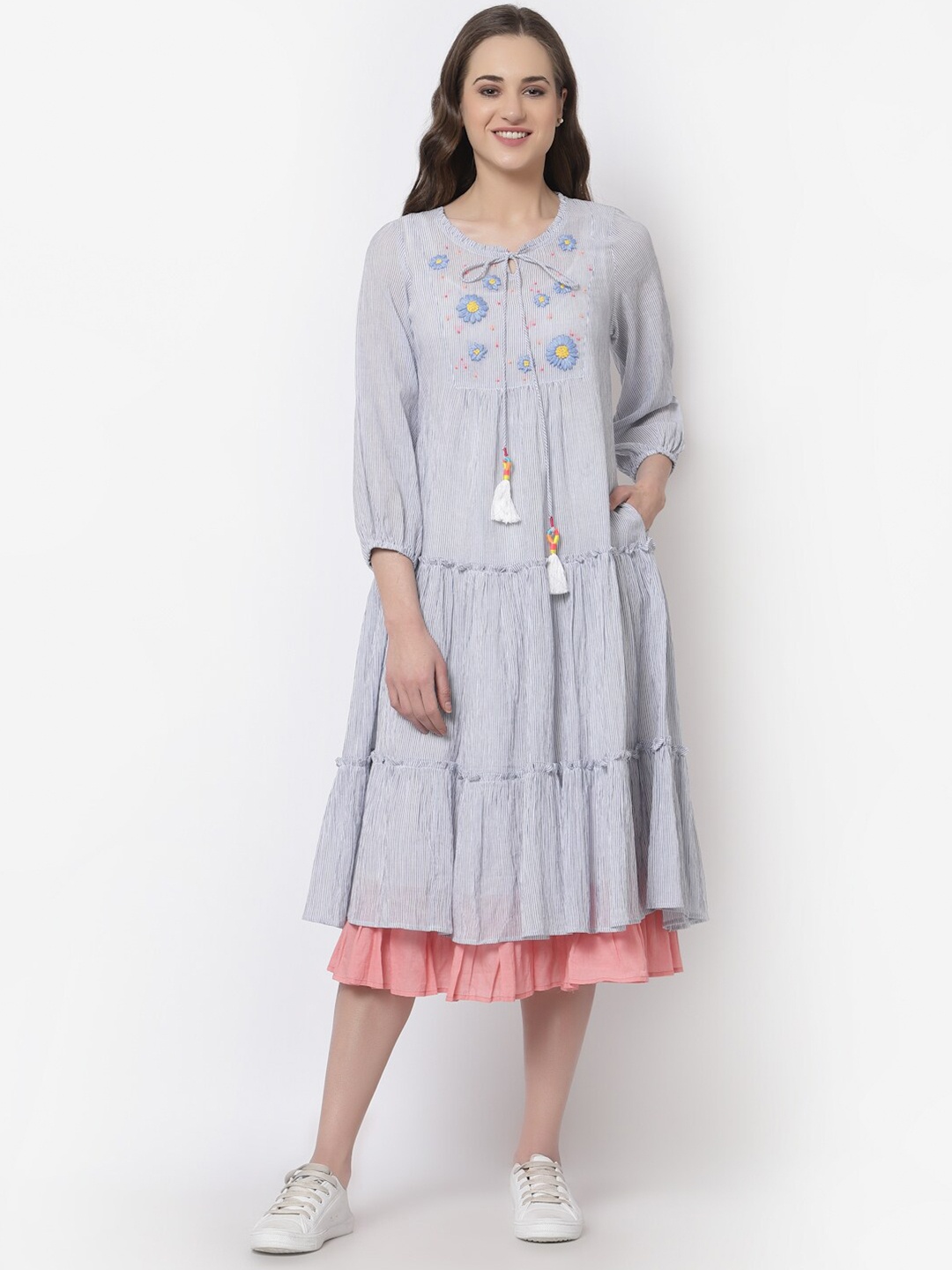 

TERQUOIS Blue & Peach-Coloured Striped Tie-Up Neck A-Line Pure Cotton Midi Dress