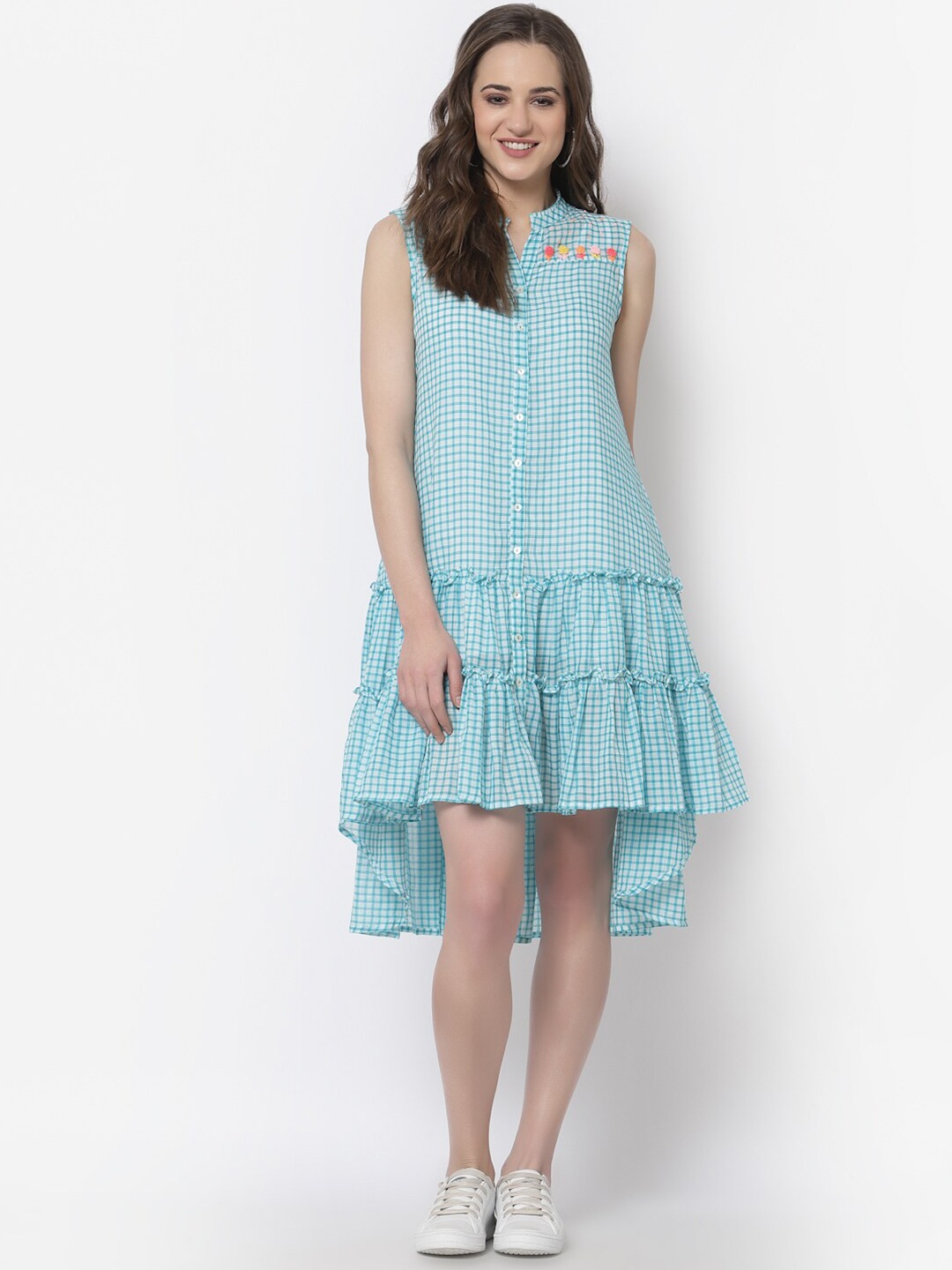 

TERQUOIS Turquoise Blue Checked Applique A-Line Dress