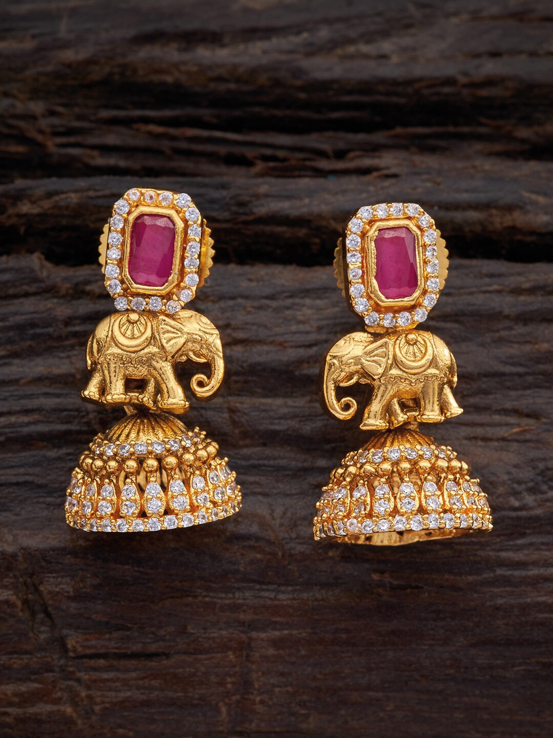 

Kushal's Fashion Jewellery Gold-Plated Red Studded Animal Shaped Jhumkas