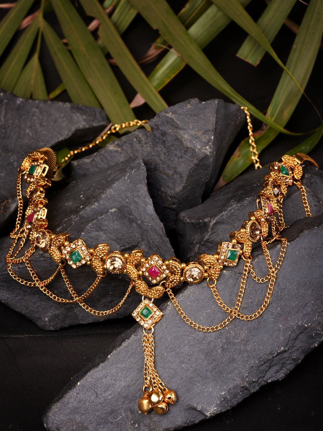 

Saraf RS Jewellery Pink & Green Gold-Plated AD Studded & Beaded Kamarbandh