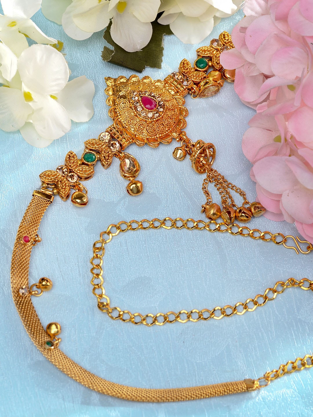 

Saraf RS Jewellery Gold-Plated Pink & Green Stone-Studded Waist Chain