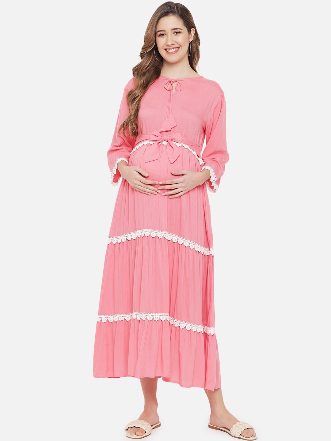 

The Dry State Women Pink & White Maternity Solid Tie-Up Neck Fit & Flare Dress