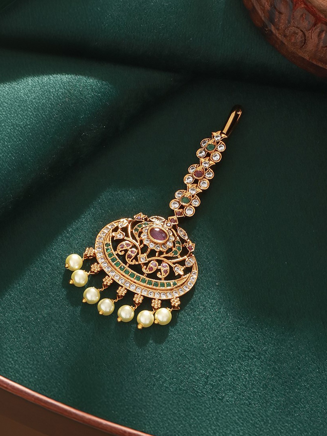 

Saraf RS Jewellery Gold-Plated White & Green AD-Studded & Pearl Beaded Maangtikka