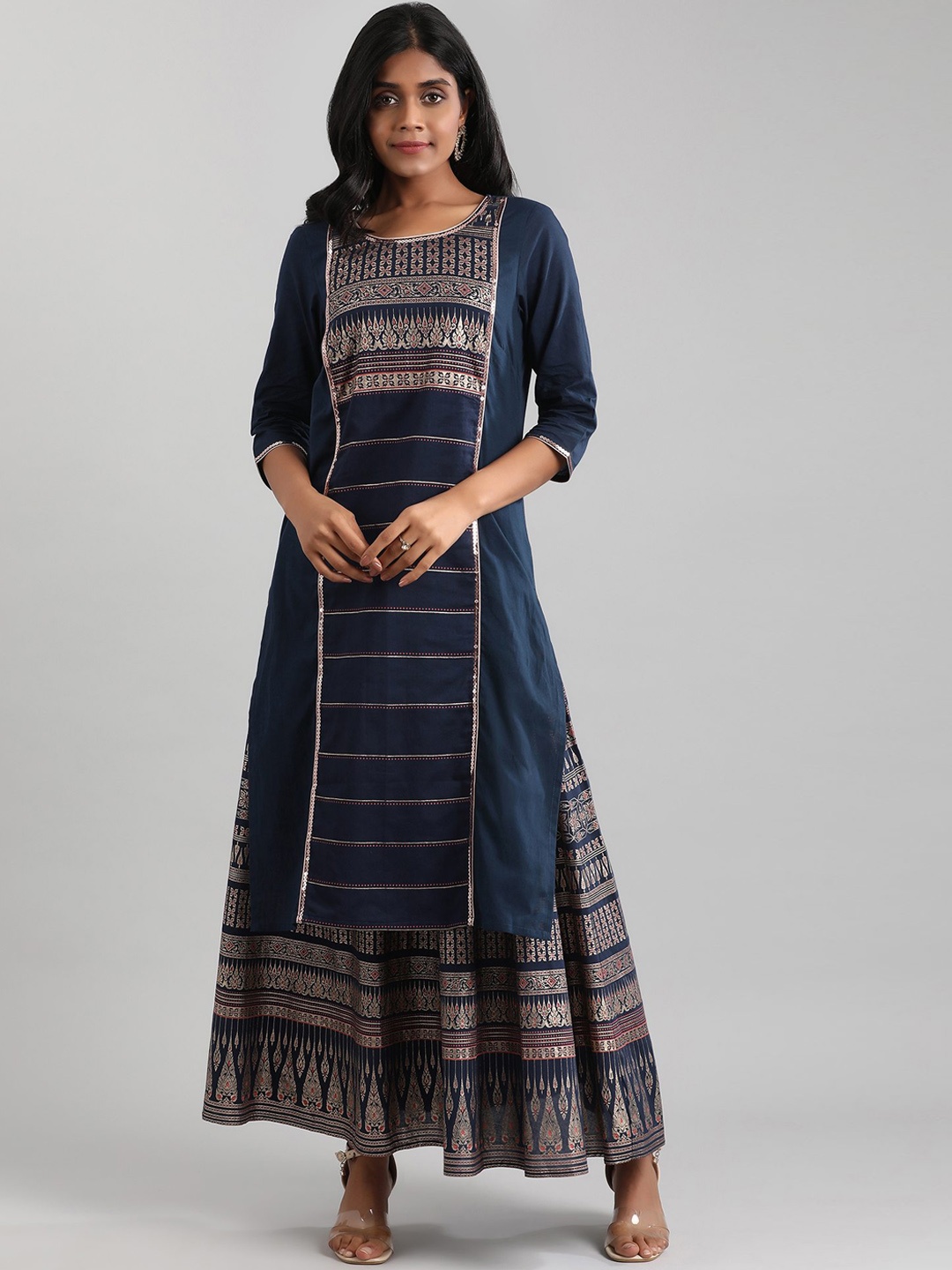 

AURELIA Women Navy Blue & Gold Ethnic Motifs Sequinned Cotton Straight Kurta