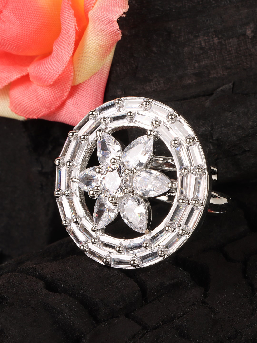 

JEWELS GEHNA Rhodium-plated Silver-toned AD-Studded Circular Finger Ring