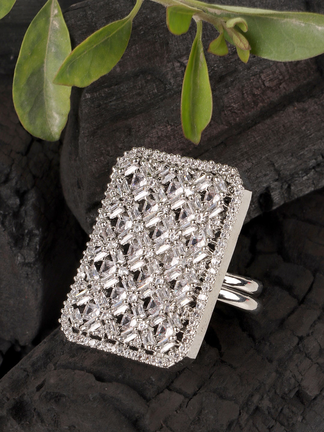 

JEWELS GEHNA Silver-Toned Rhodium-Plated & AD Stone-Studded Finger Ring