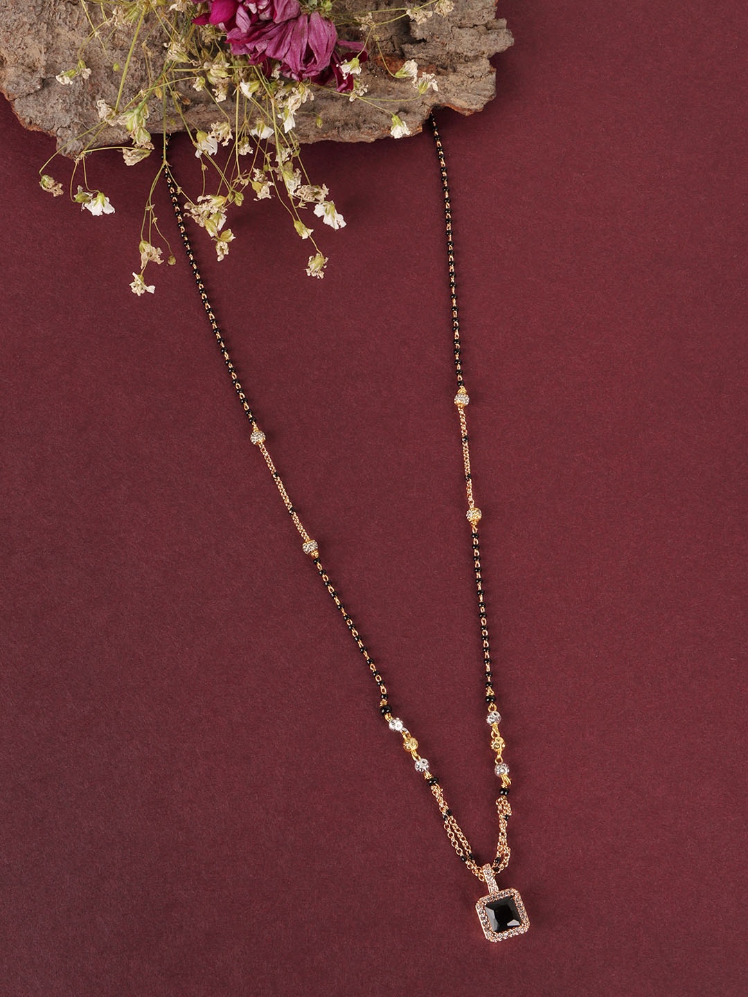 

JEWELS GEHNA Gold-Plated & Black Stone Studded & Beaded Mangalsutra