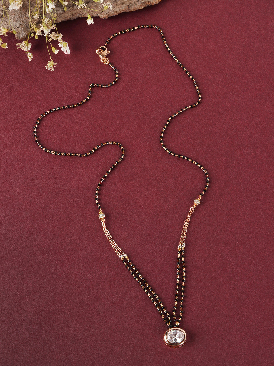 

JEWELS GEHNA Gold-Plated Black & White Stone-Studded & Beaded Mangalsutra