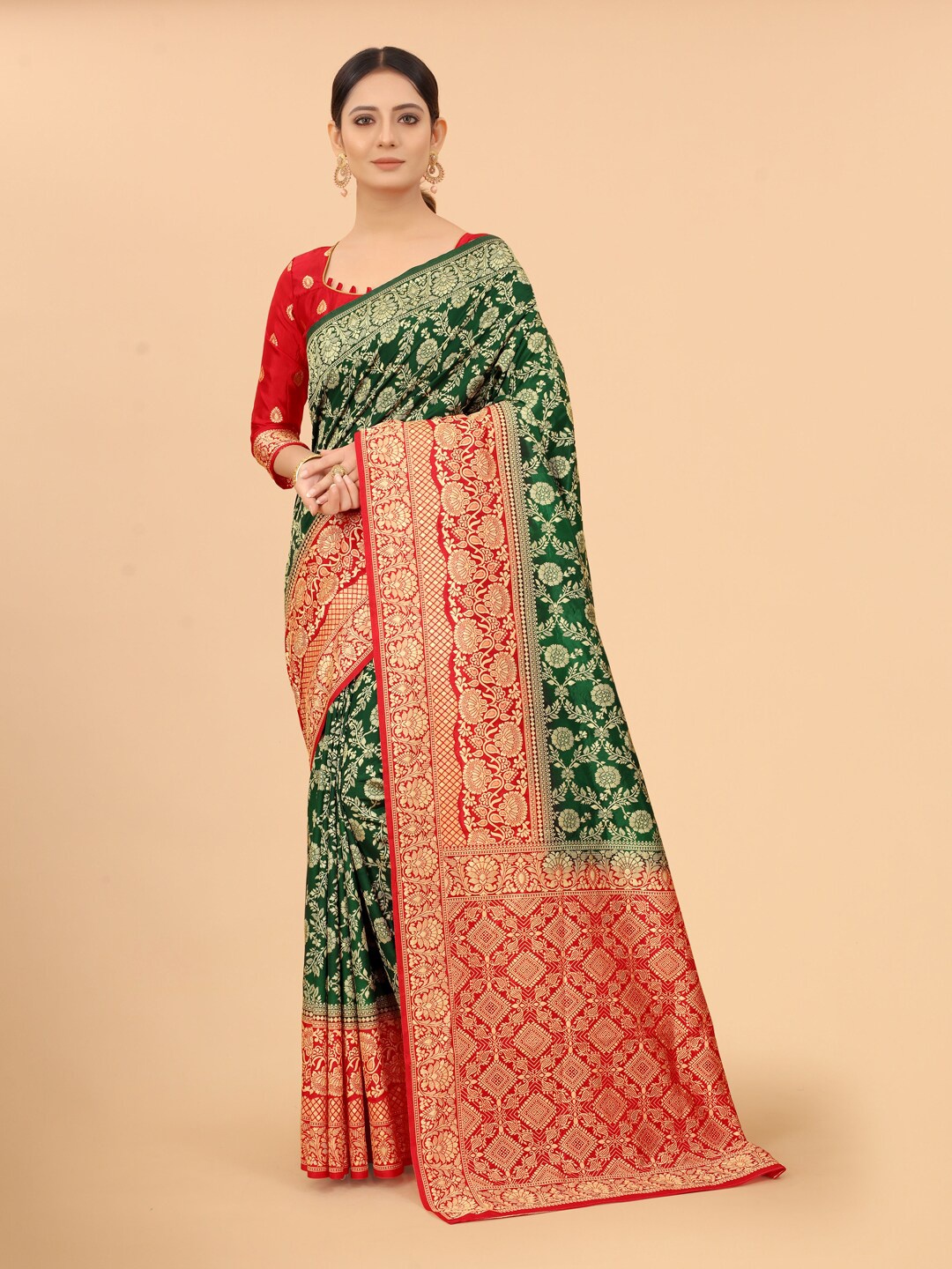 

SATYAM WEAVES Green & Red Woven Design Zari Silk Cotton Banarasi Saree
