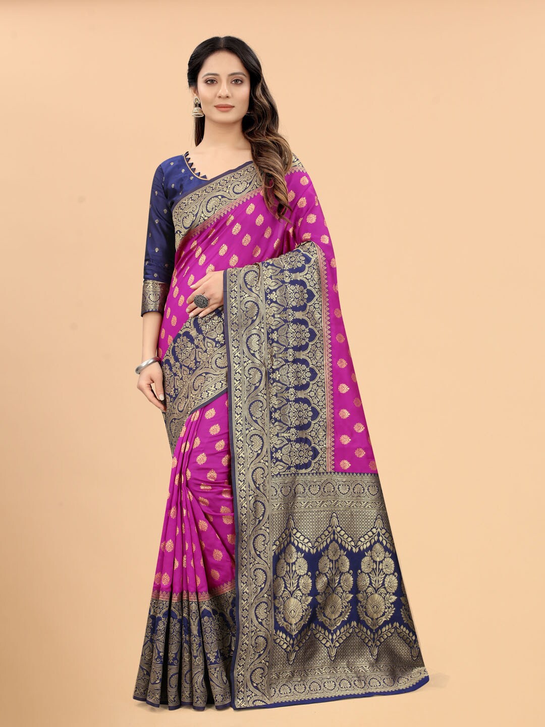 

SATYAM WEAVES Pink & Navy Blue Ethnic Motifs Zari Silk Cotton Banarasi Saree