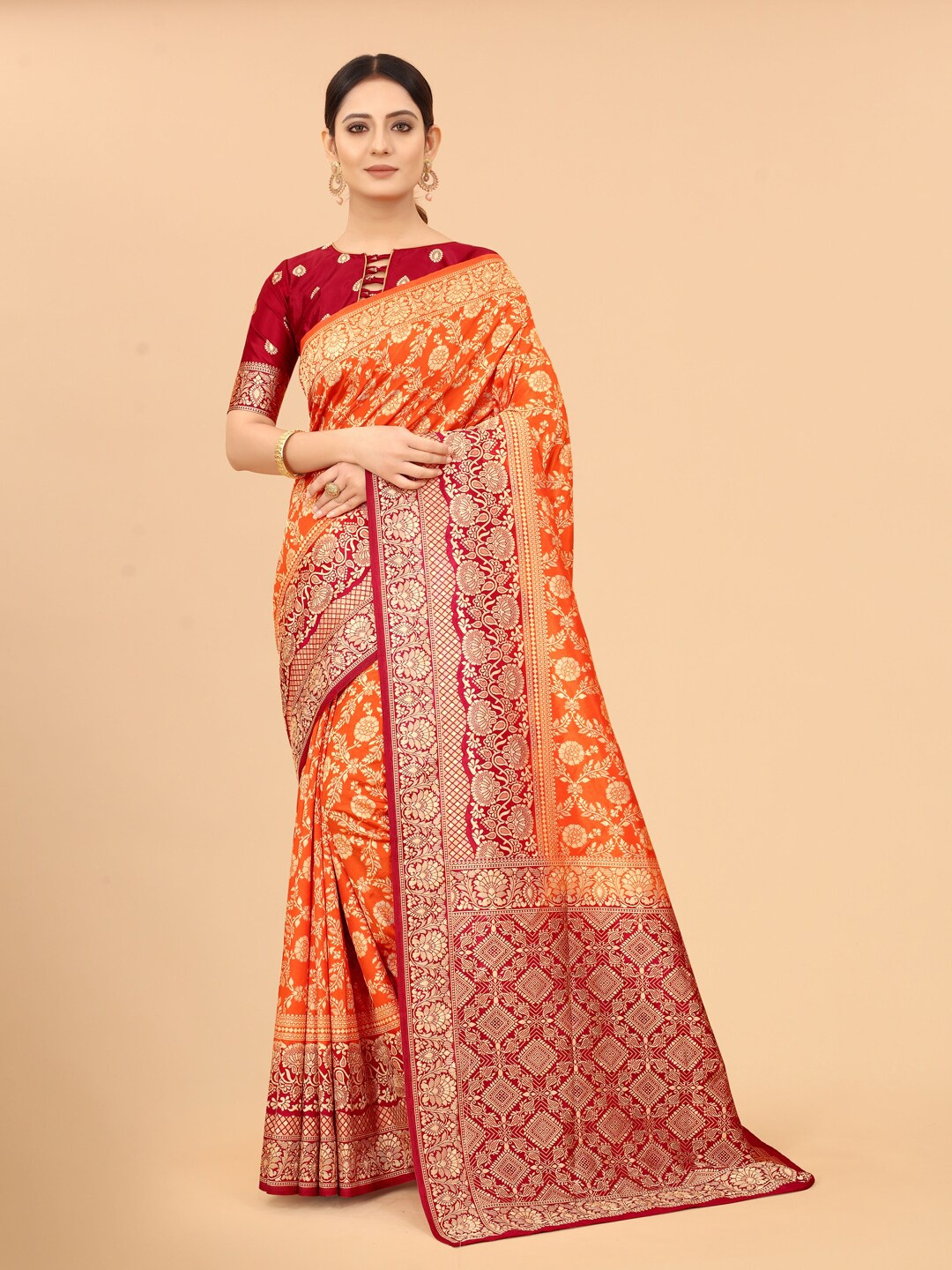 

SATYAM WEAVES Orange & Maroon Woven Design Zari Silk Cotton Banarasi Saree