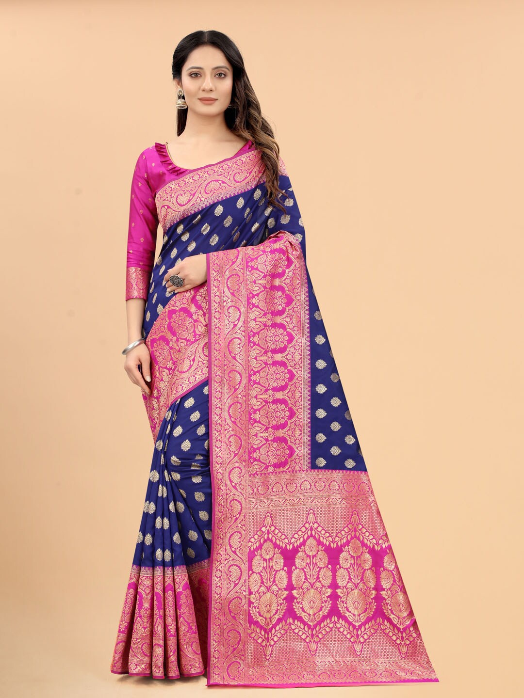 

SATYAM WEAVES Navy Blue Woven Design Silk Cotton Banarasi Sarees