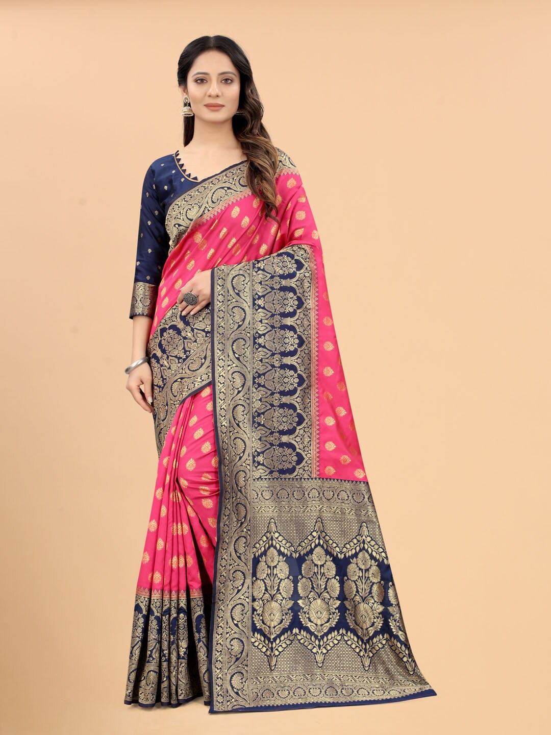 

SATYAM WEAVES Navy Blue & Pink Ethnic Motifs Zari Silk Cotton Banarasi Saree