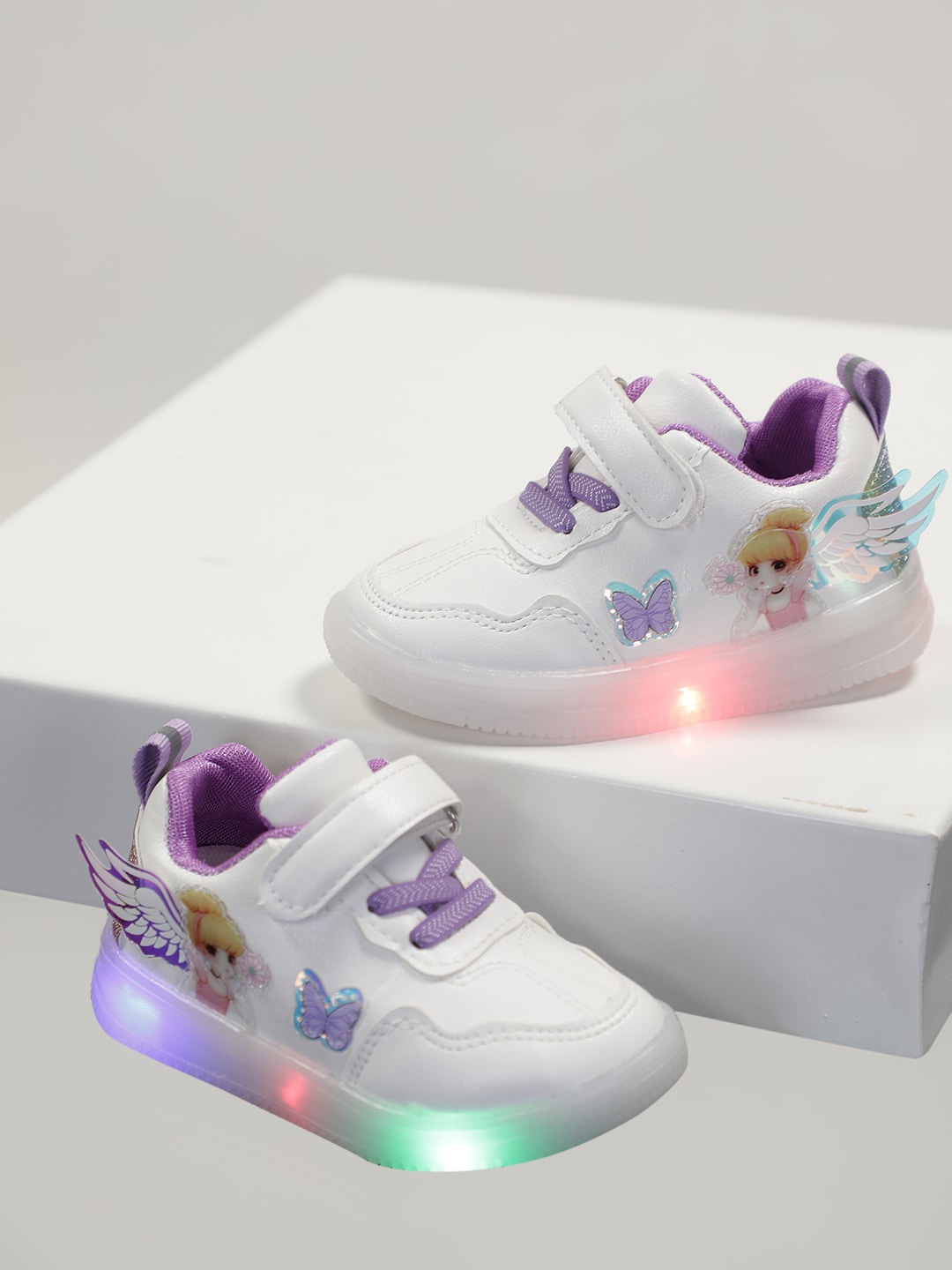 

PASSION PETALS Girls White & Purple Dolly With Wings Print Lightweight LED Sneakers