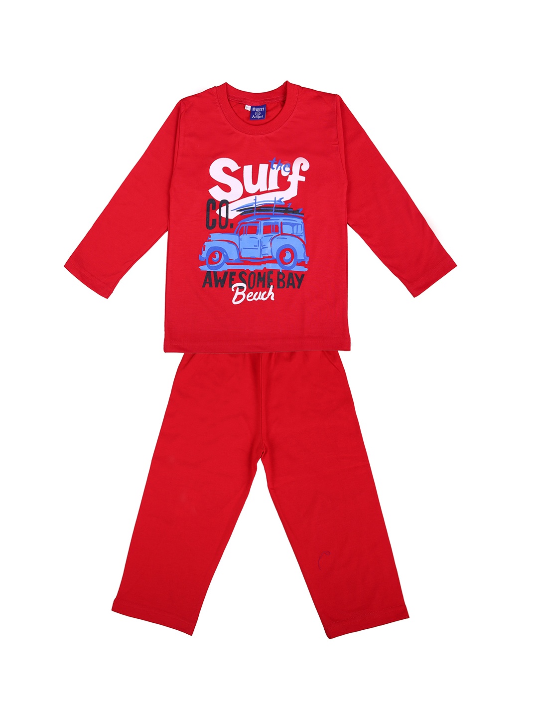 

SWEET ANGEL Boys Red & White Printed Pure Cotton Night suit