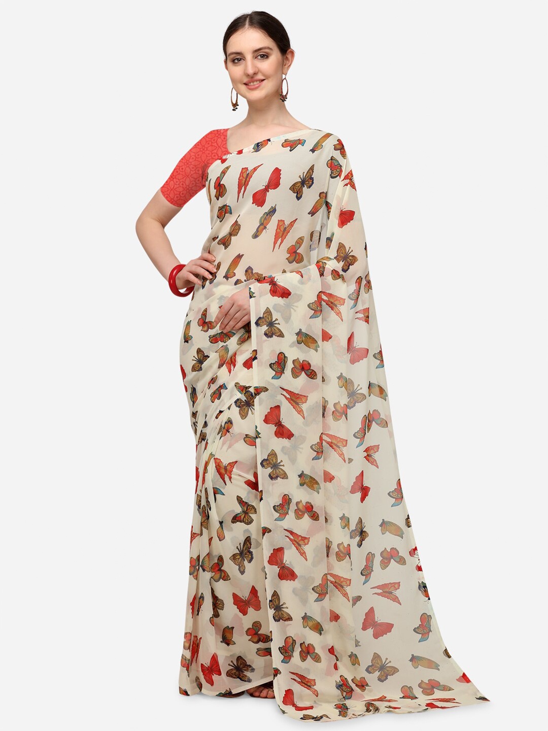 

Iris Cream-Coloured & Red Pure Georgette Saree