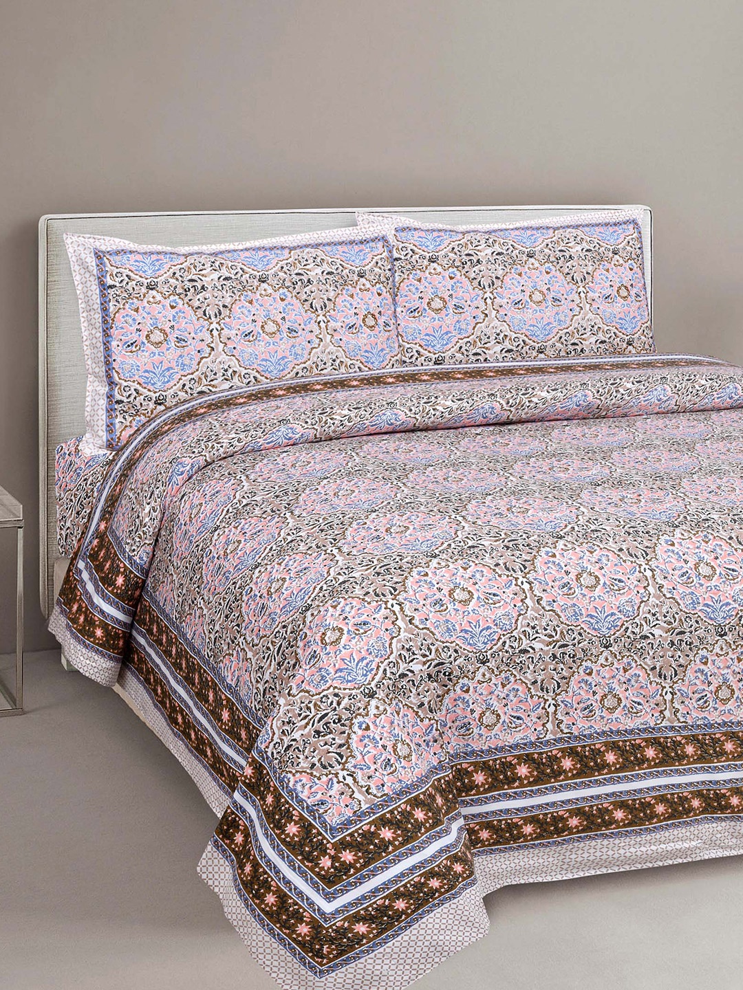 

JAIPUR FABRIC Pink & Blue Ethnic Motifs 180 TC Queen Bedsheet with 2 Pillow Covers