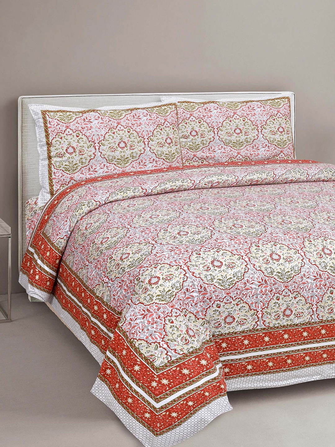 

JAIPUR FABRIC Orange & Pink Floral Cotton 180 TC Queen Bedsheet with 2 Pillow Covers