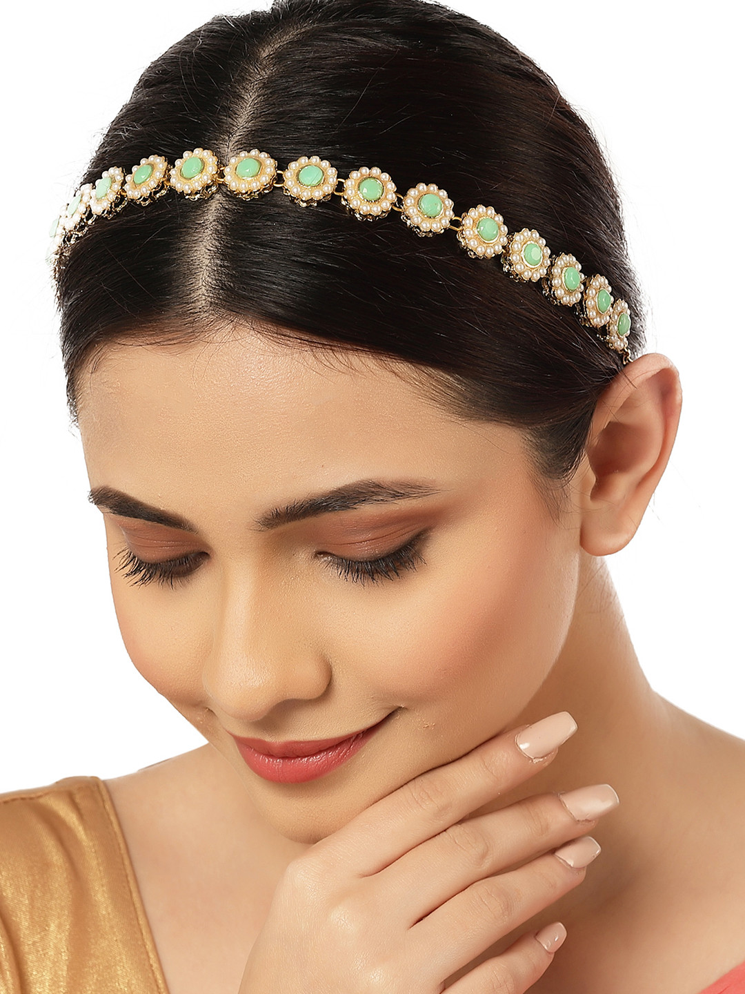 

KARATCART Women Gold Plated & Lime Green Studded Sheeshphool