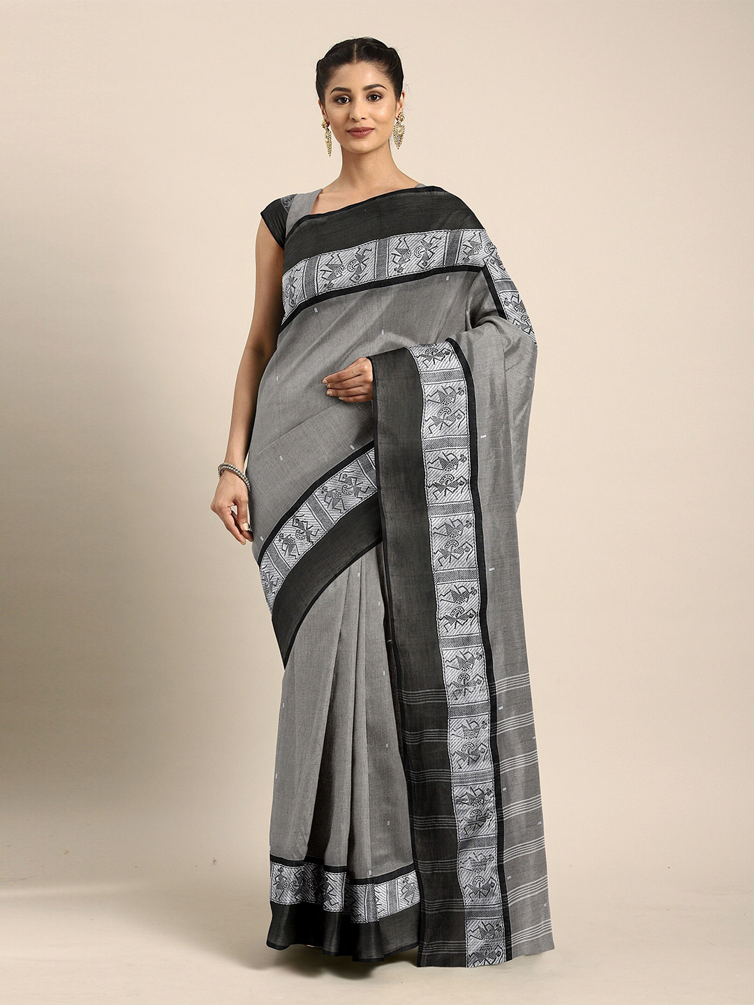 

The Chennai Silks Grey Ethnic Motifs Pure Cotton Taant Saree