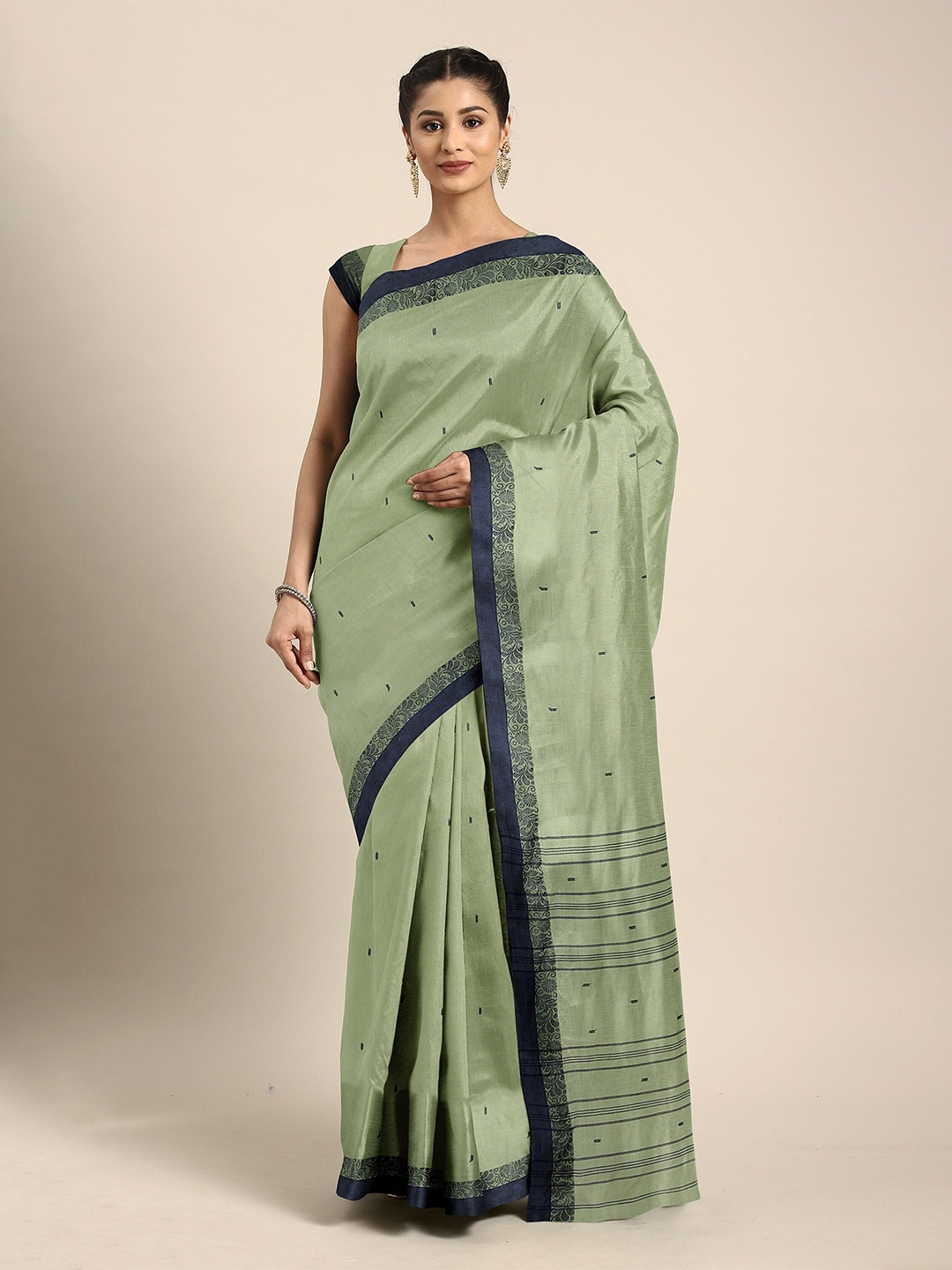 

The Chennai Silks Green & Navy Blue Ethnic Motifs Pure Cotton Taant Saree