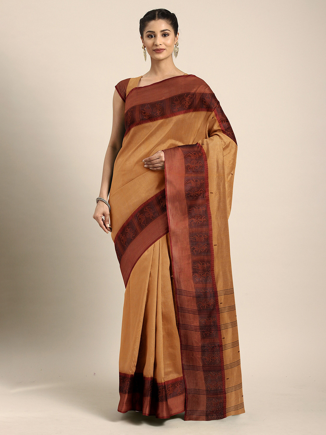 

The Chennai Silks Coral & Brown Woven Design Pure Cotton Taant Saree
