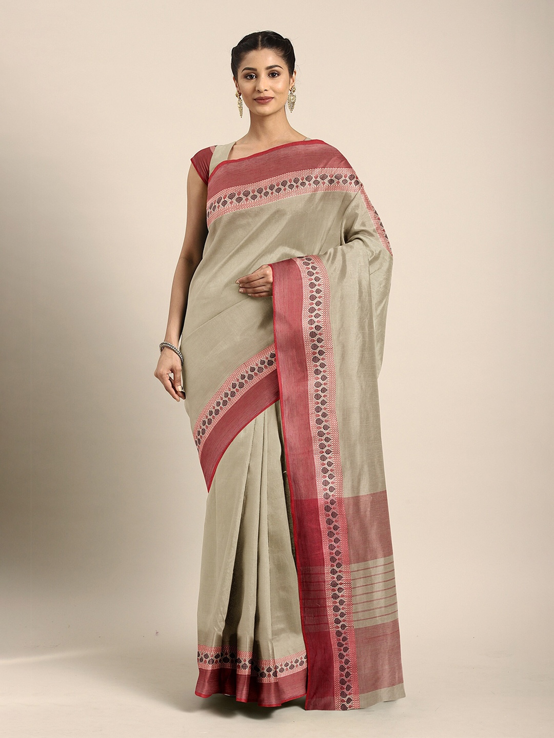 

The Chennai Silks Beige & Red Solid Pure Cotton Taant Saree