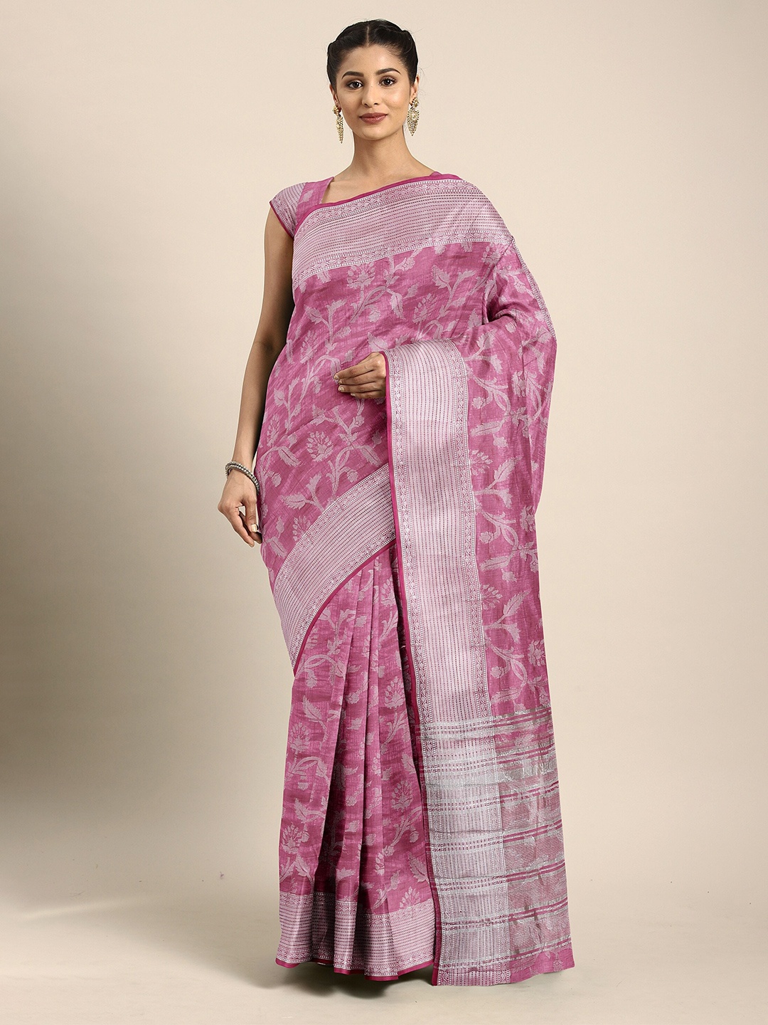 

The Chennai Silks Pink & Silver-Toned Floral Jute Cotton Fusion Saree