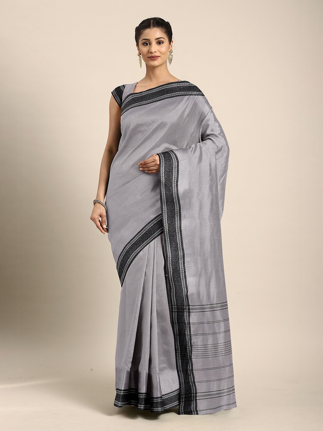 

The Chennai Silks Grey & Black Pure Cotton Taant Saree