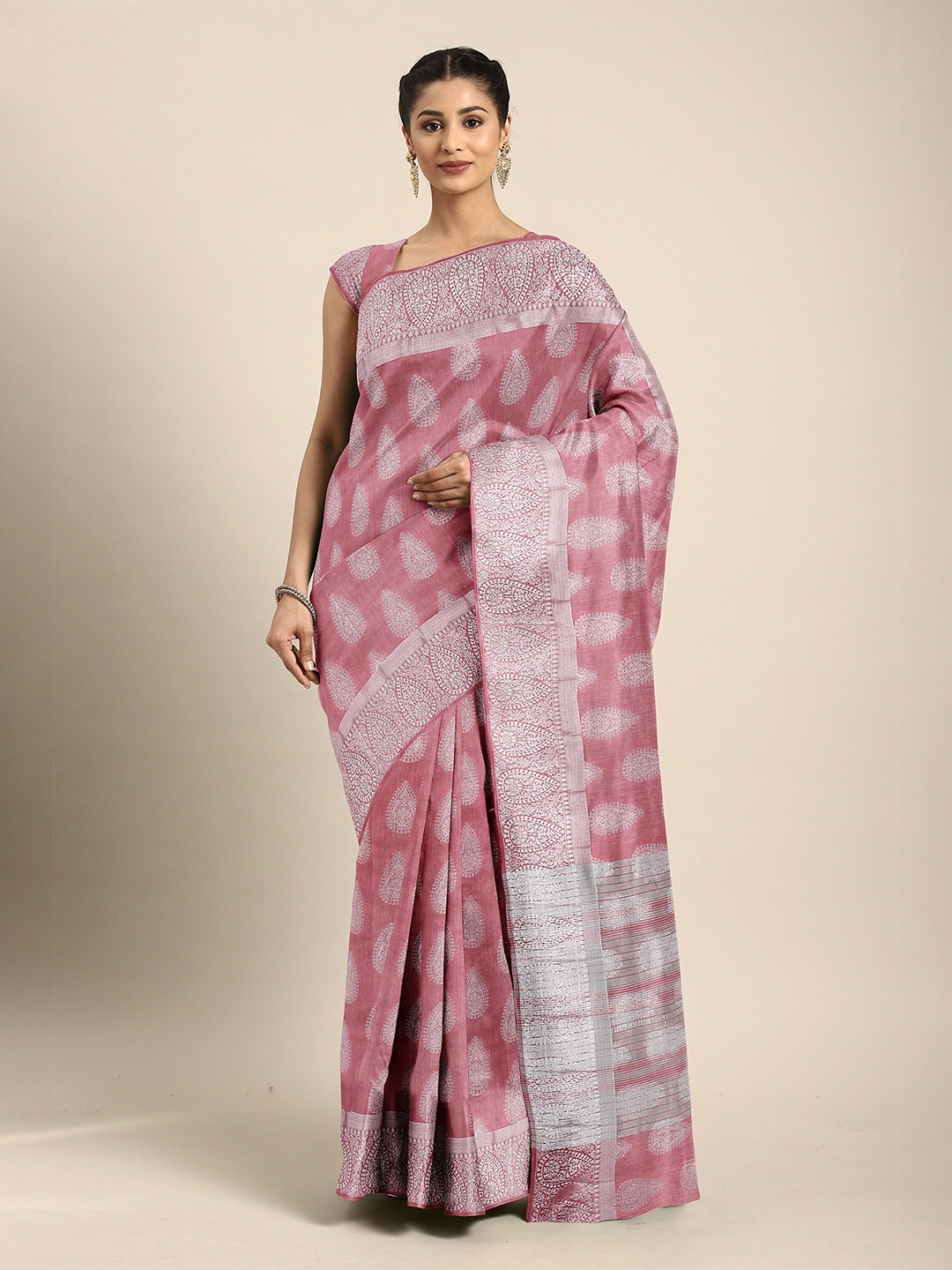 

The Chennai Silks Pink & Silver Woven Design Zari Saree
