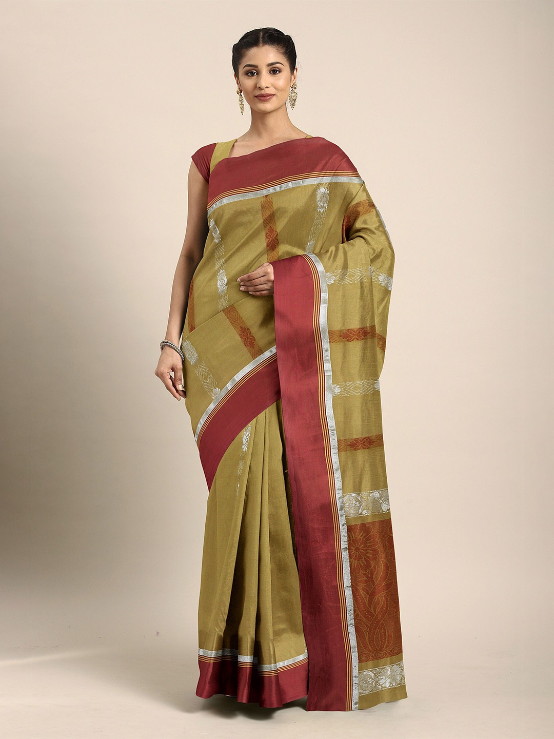 

The Chennai Silks Olive Green & Maroon Ethnic Motifs Zari Pure Cotton Kovai Saree