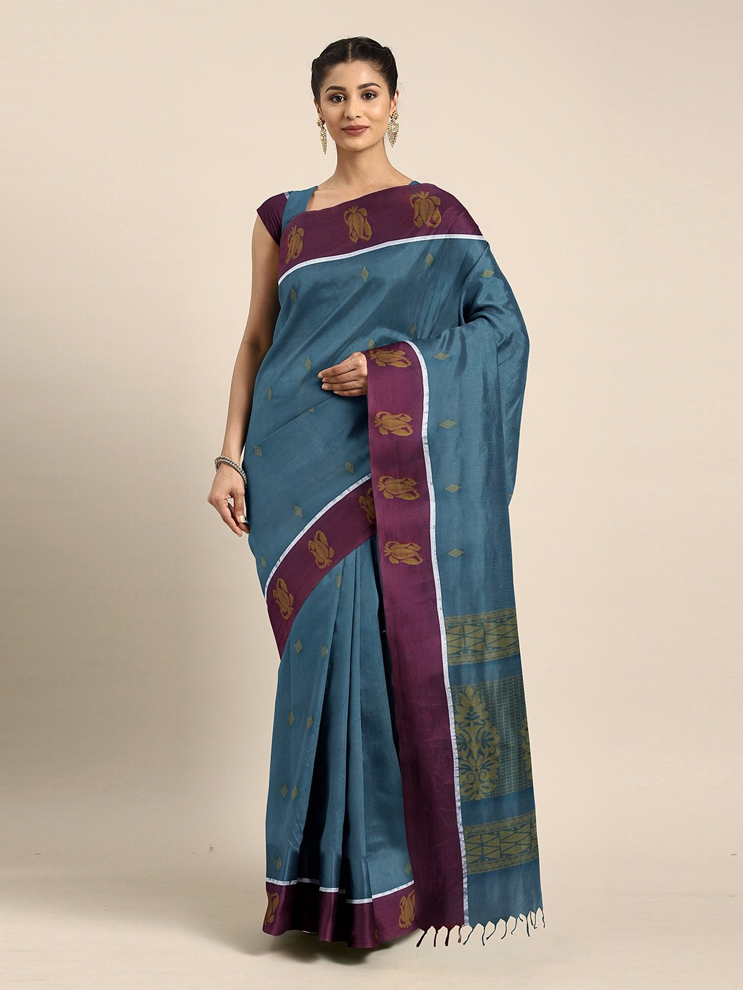 

The Chennai Silks Blue & Purple Ethnic Motifs Zari Pure Cotton Kovai Saree