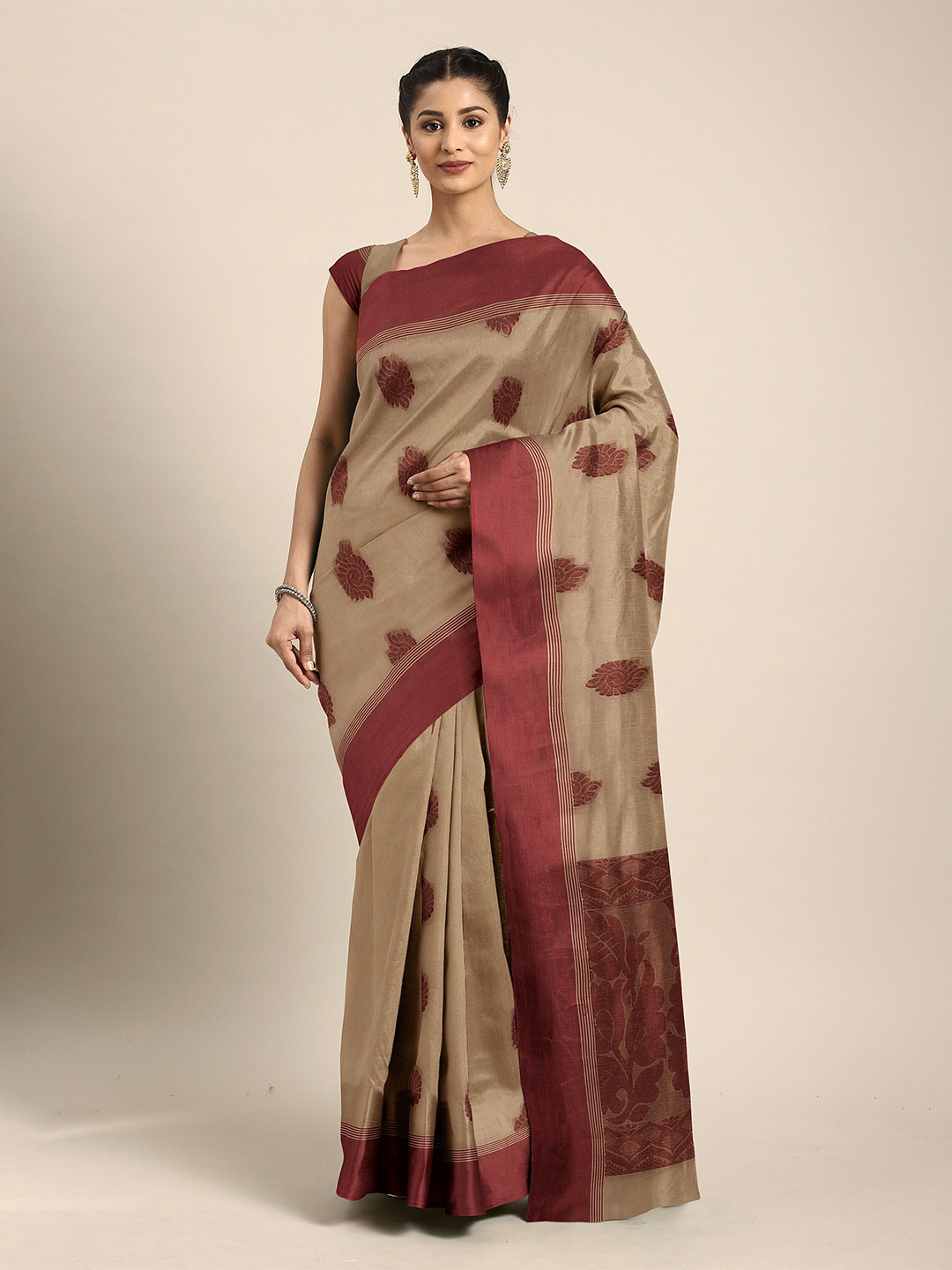 

The Chennai Silks Women Khaki Woven Design Kovai Cotton Saree
