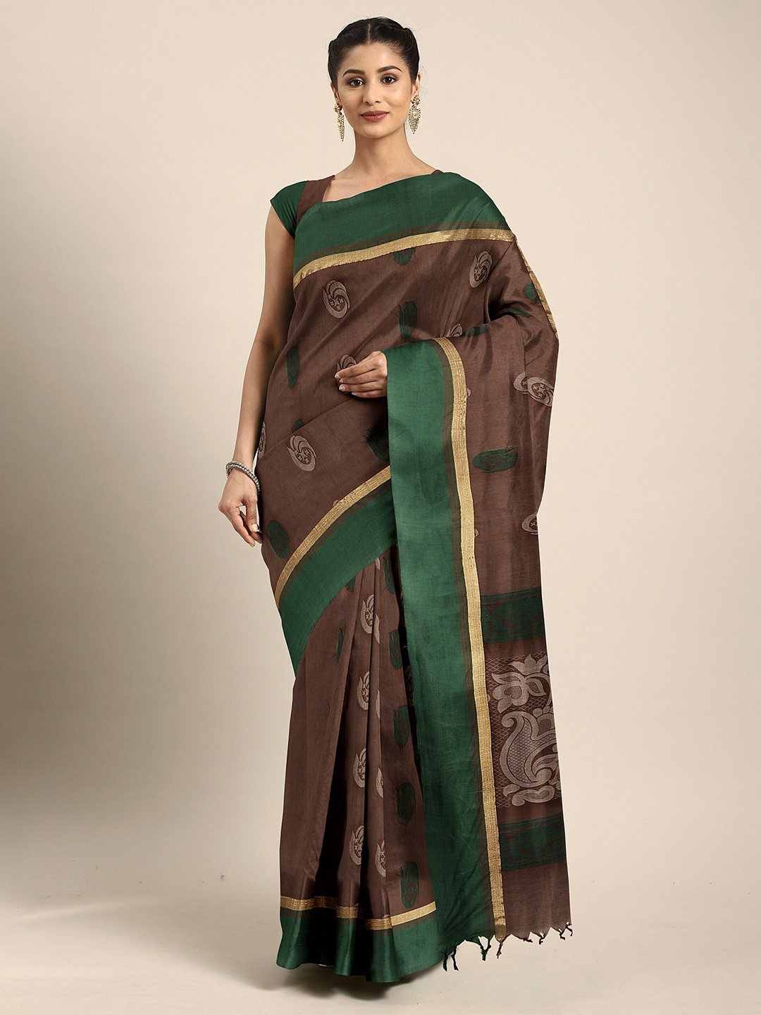 

The Chennai Silks Brown & Green Ethnic Motifs Pure Cotton Kovai Saree
