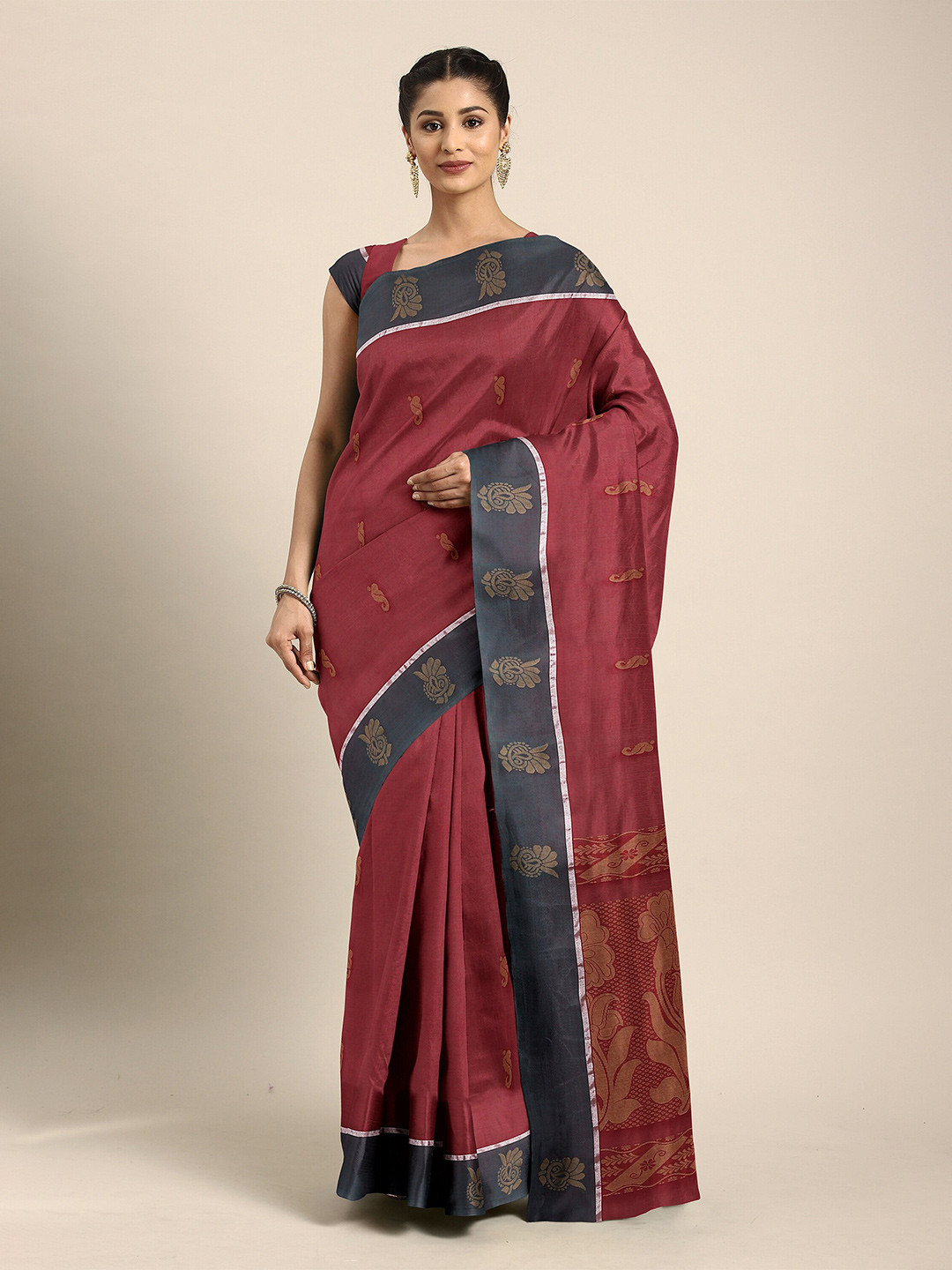 

The Chennai Silks Red & Charcoal Woven Design Pure Cotton Kovai Saree