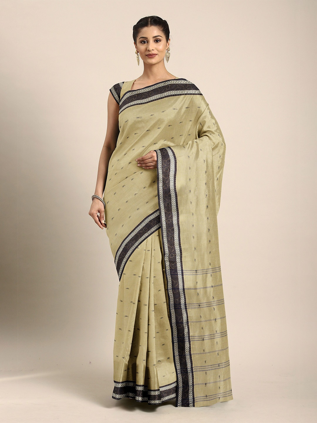 

The Chennai Silks Mustard & Black Zari Pure Cotton Taant Saree