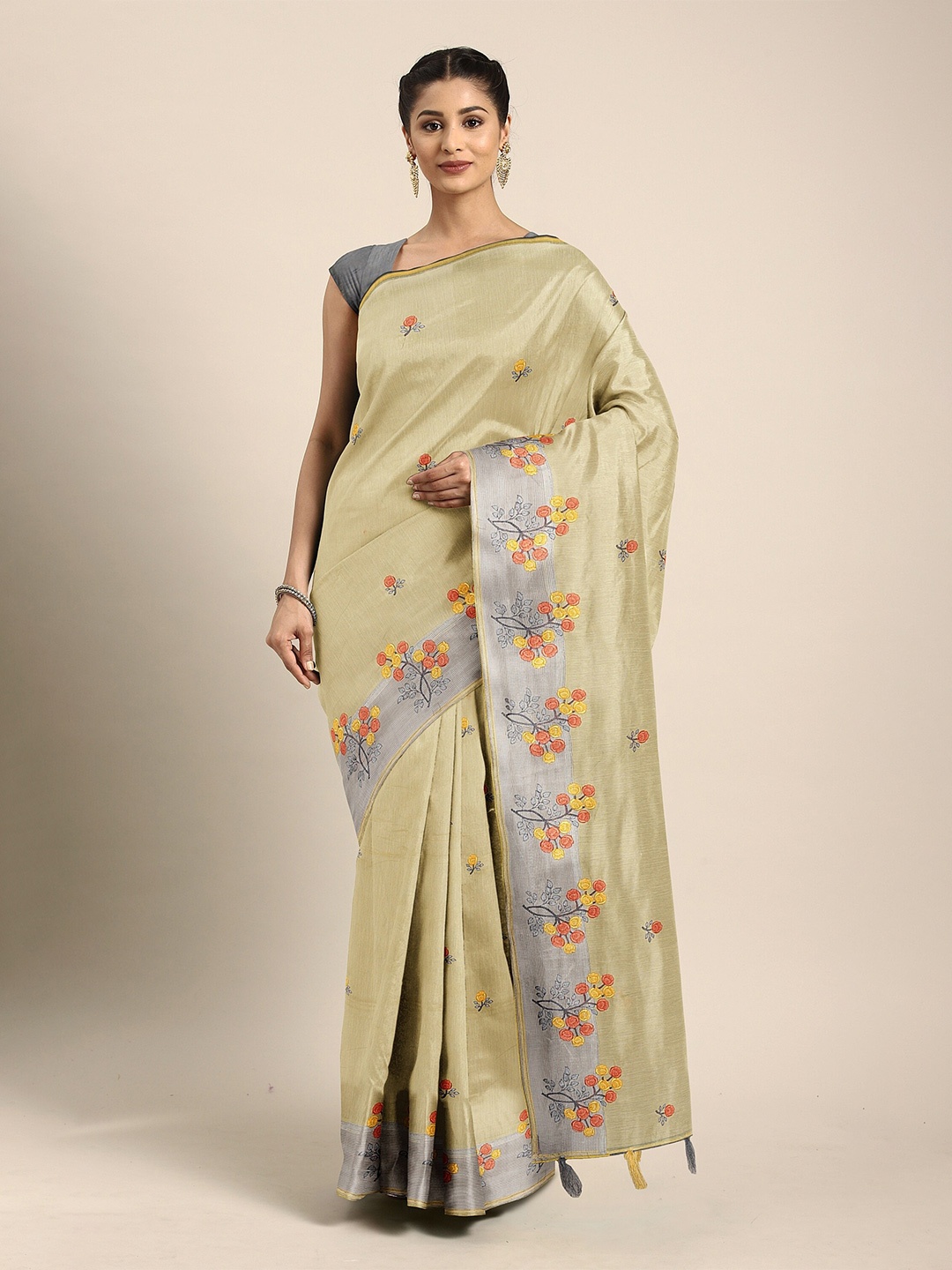 

The Chennai Silks Yellow Floral Embroidered Supernet Kota Saree