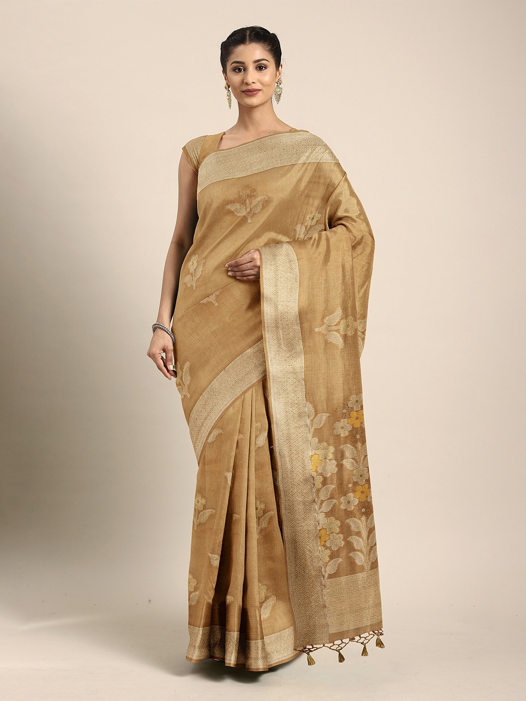 

The Chennai Silks Orange & Gold-Toned Floral Zari Pure Cotton Chanderi Saree