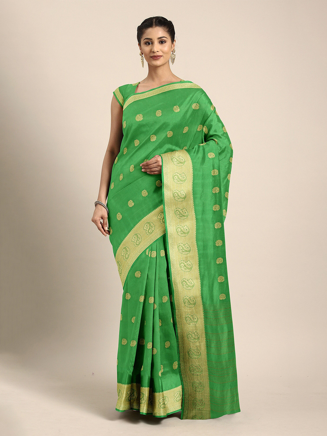 

The Chennai Silks Green & Gold-Toned Ethnic Motifs Zari Mysore Silk Saree
