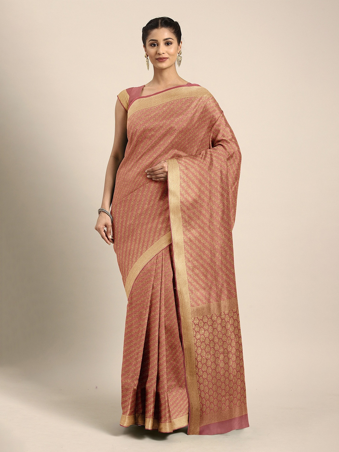 

The Chennai Silks Pink & Gold-Toned Woven Design Zari Saree