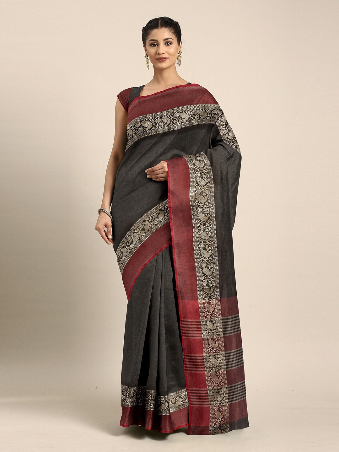 

The Chennai Silks Black & Maroon Pure Cotton Taant Saree