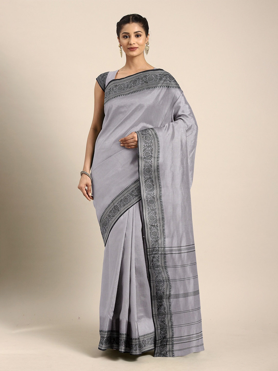 

The Chennai Silks Grey & Black Ethnic Motifs Pure Cotton Taant Saree