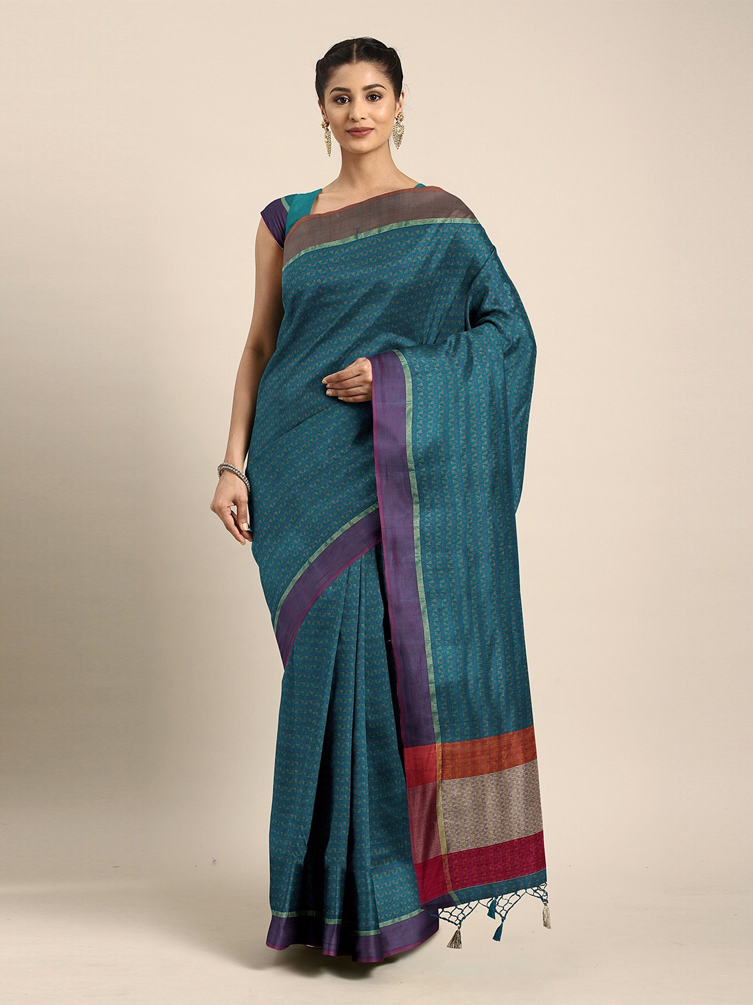 

The Chennai Silks Turquoise Blue & Red Zari Pure Cotton Fusion Chanderi Saree