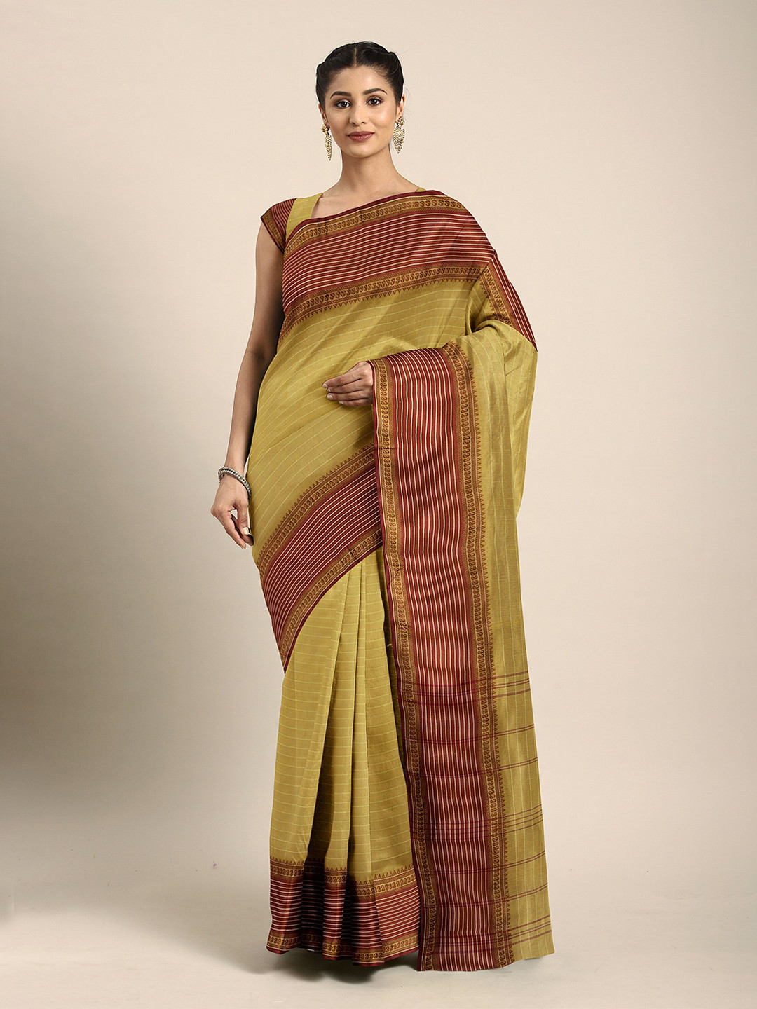 

The Chennai Silks Mustard Striped Pure Cotton Taant Saree