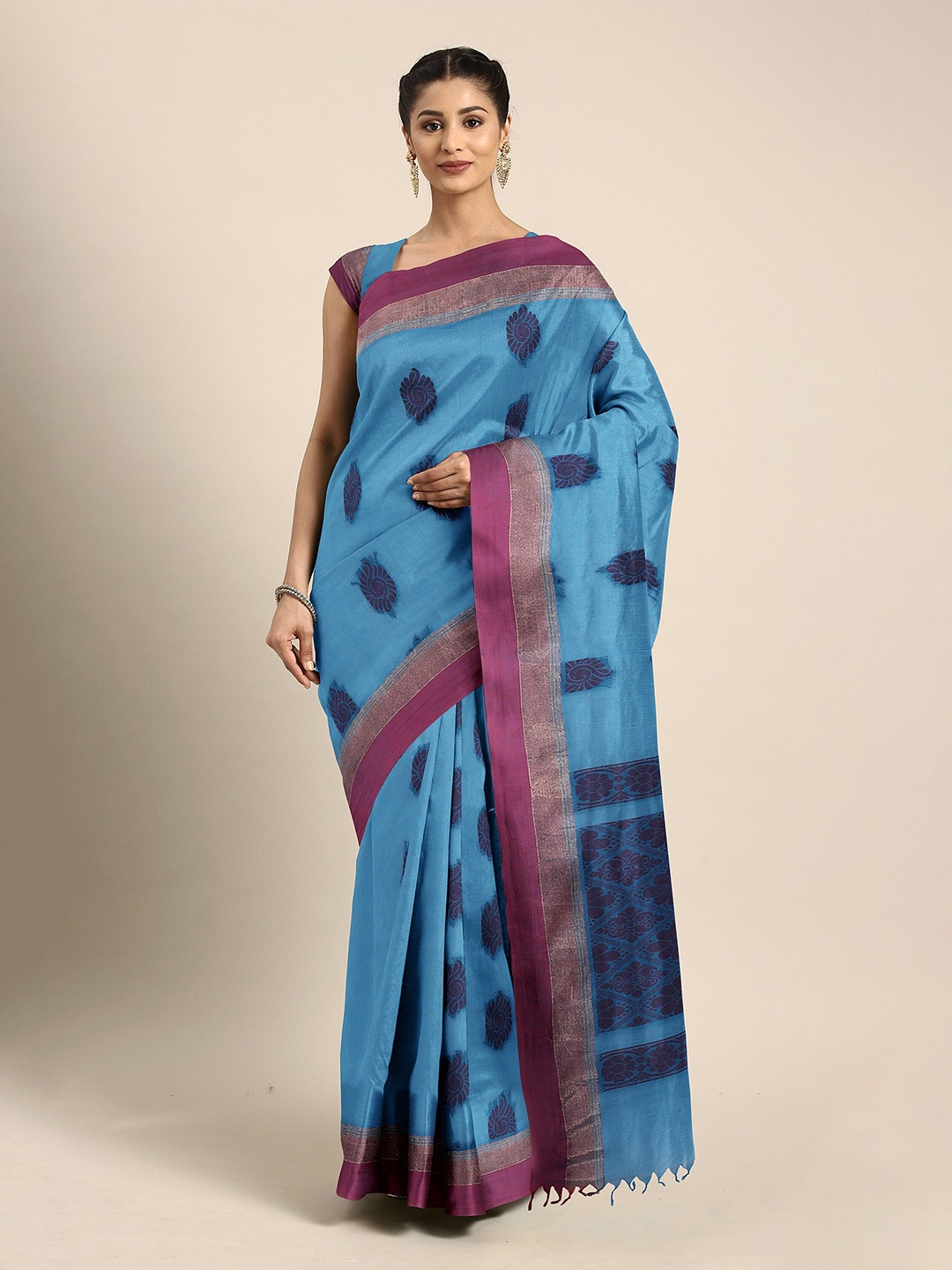 

The Chennai Silks Blue & Magenta Ethnic Motifs Zari Pure Cotton Kovai Saree